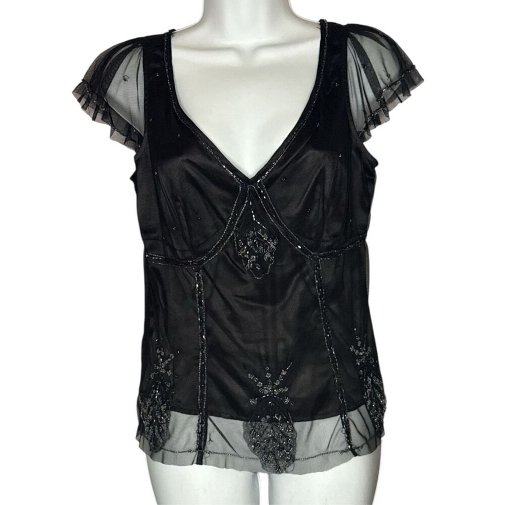Womens Vintage Y2K Bandolino Silky Beaded Mesh Flutter Sleeve Blouse Size‎ Small